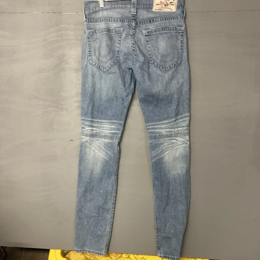 True Religion Jeans Mens 29x34 Moto Slim Big T Denim‎ Pants Biker Flap destroyed
